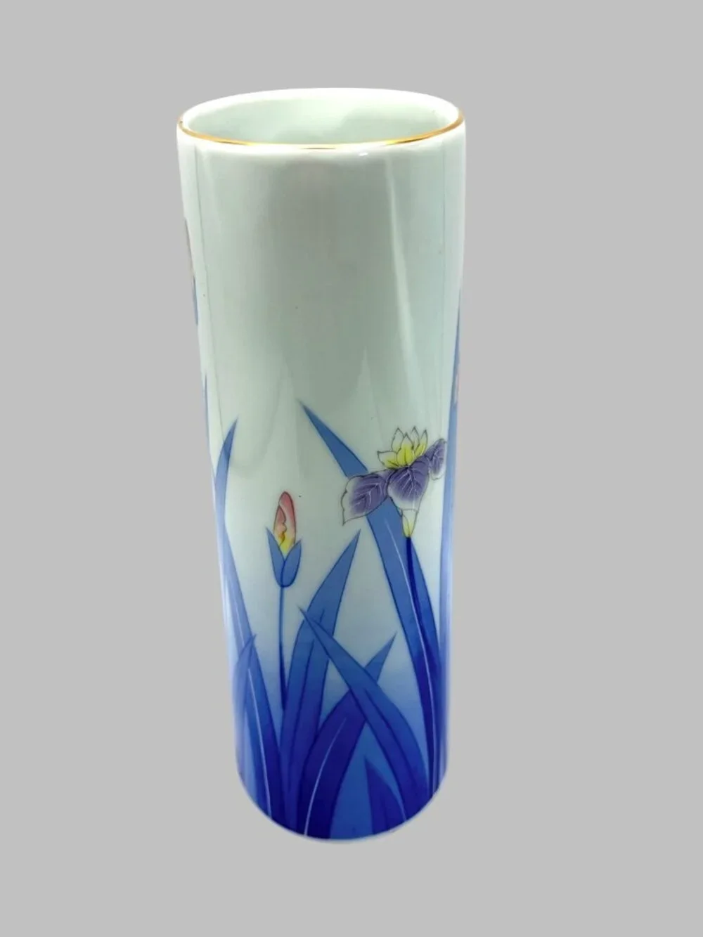 Vintage Japanese Porcelain Iris Floral Vase Blue White Gold Rim 8.5